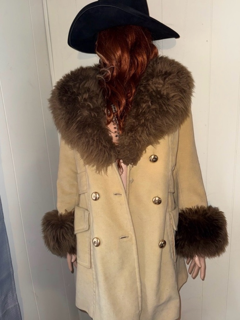 Vintage Penny Lane Shearling Brown Fur Contrast Collar Trim Cream Tan Coat 60s